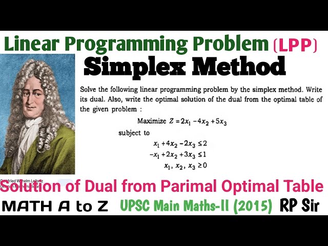 Solve LPP by the simplex Method . Find the optimal solution of dual from primal optimal Table.