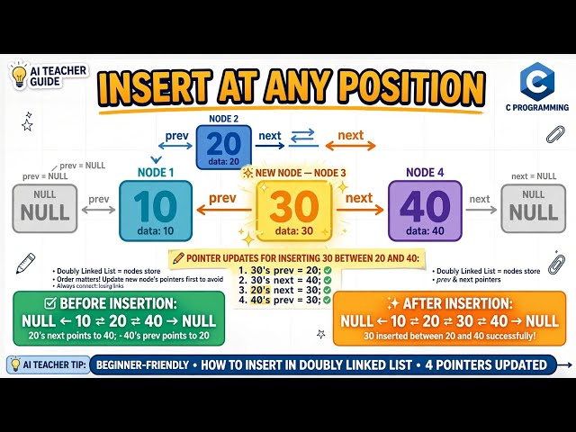 Insertion at Any Position in Doubly Linked List in C | Step-by-Step Explanation with Dry Run | DSA