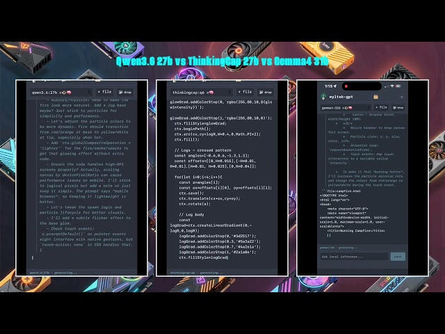 Burning Campfire HTML comparison Qwen 3.6 27b vs Thinking Cap 27b vs Gemma 4 31b