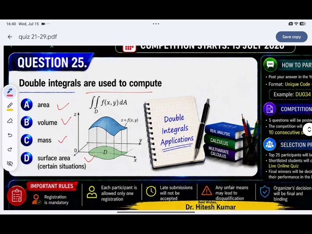 Question 25 | Applications of Double Integrals | YouTube Academic Challenge 2026 | B.Sc. Mathematics