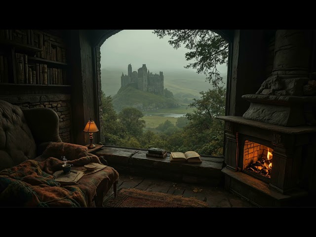 A Lonely Night with a Castle View | Dark Academia Ambience for Reading | Relaxing Fireplace