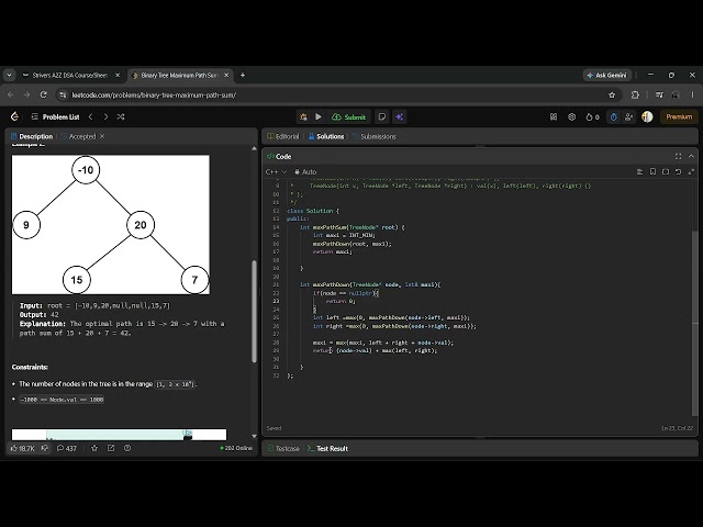 LeetCode 124: Binary Tree Maximum Path Sum | C++ | Recursive
