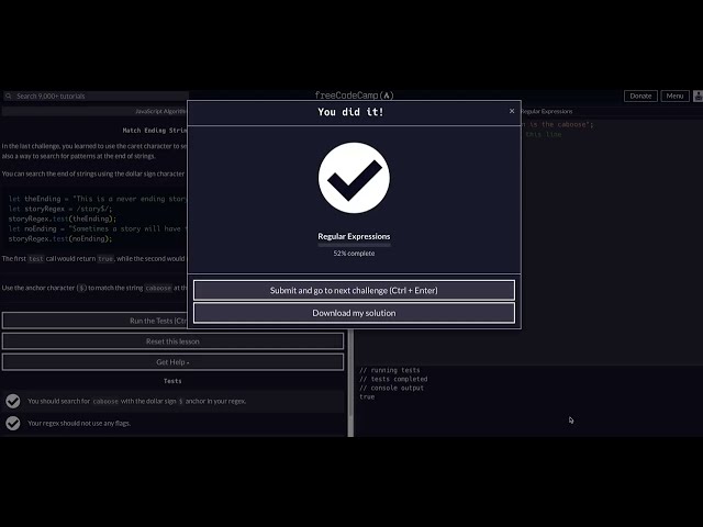 17 Match Ending String Patterns - RegEx - FreeCodeCamp EXPLAINED - JavaScript Algorithms - FCC Guide