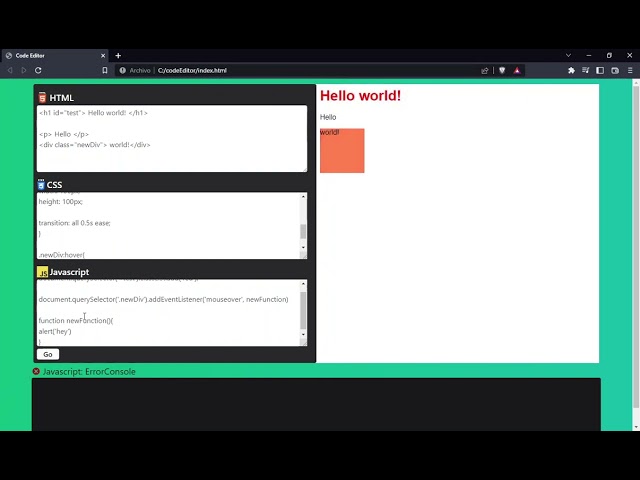 Code editor with HTML, CSS and Javascript