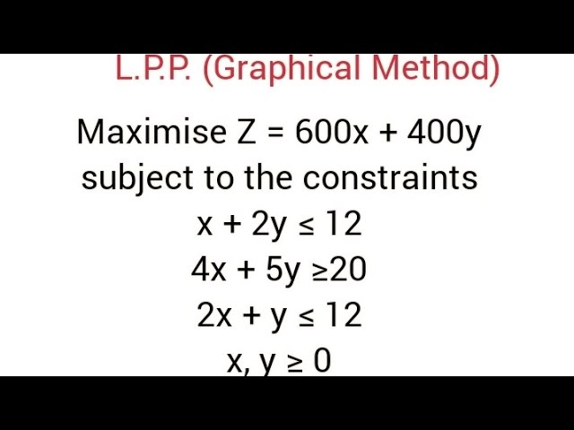 Maximise Z = 600x + 400y  subject to constraints  x + 2y ≤ 12  4x + 5y ≥ 20  2x + y ≤ 12  x, y ≥ 0  