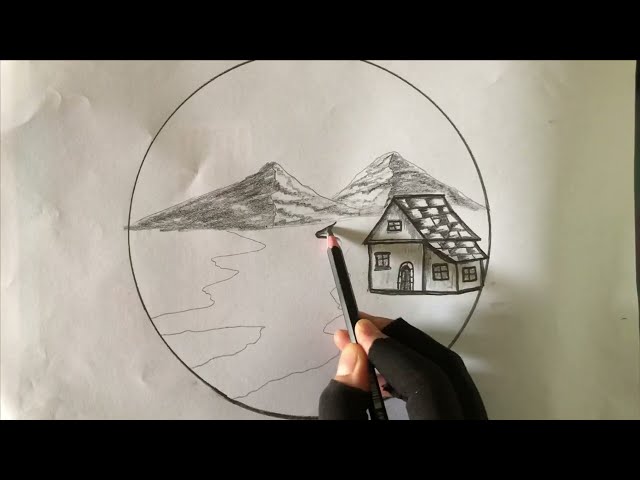 Beautiful Pencil Landscape Drawing | House, River, Bridge & Mountain Scenery Sketch1
