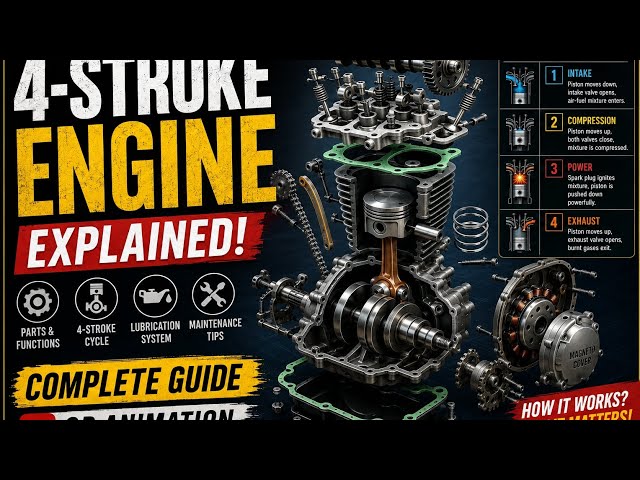 4-Stroke Motorcycle Engine Explained | Parts, Working, Cycle & Lubrication (3D Animation)