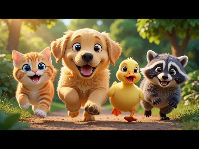 🐶 Golden Puppy Helps Lost Kitten, Duck & Baby Raccoon | Learn Animal Sounds for Toddlers