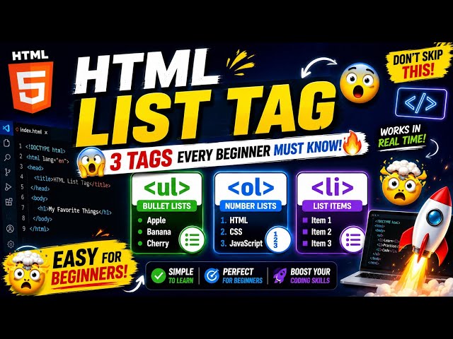 🚀 3 HTML List Tags Every Beginner MUST Know! 😱 (UL, OL & LI)