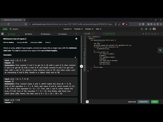 Minimum Cost of Ropes | GFG Solution in C++ | Min Heap Greedy Approach Explained
