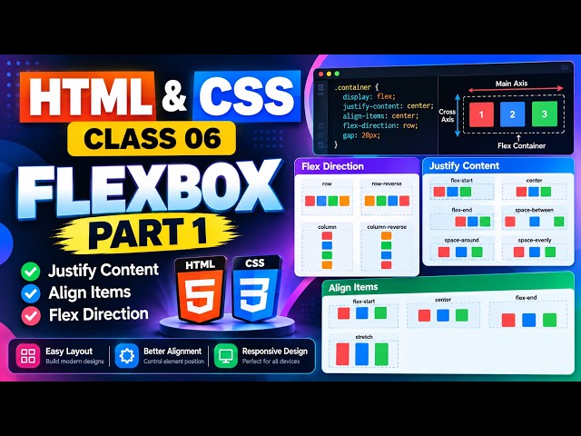 CSS Flexbox Tutorial for Beginners | Justify Content, Align Items, Flex Direction | Class 06