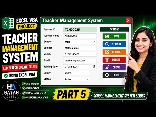 Teacher Management System Using Excel VBA | Part 5 | Add, Search, Update & Delete | Bangla