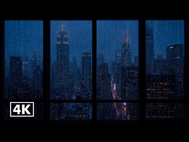 4K Rainy Night Window View of New York City 🌧️🗽 Gentle Rain Sounds & Thunder Ambience for Sleep