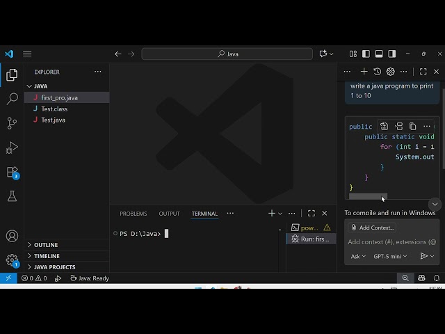 first java program with AI | #java #ai #visualstudio #javaprogramming #coding #copilot