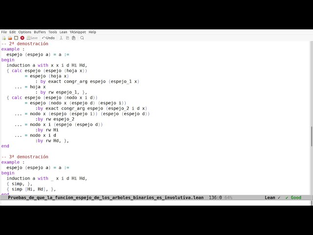 Razonamiento en Lean sobre árboles binarios: La función espejo es involutiva