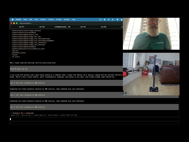 AgenticROS + OpenClaw + RealSense + ROS running on a Raspberry Pi performs a Physical AI powered 360