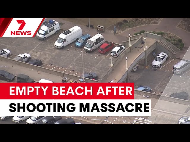 Chopper footage shows Bondi Beach following yesterday's shooting massacre | 7NEWS