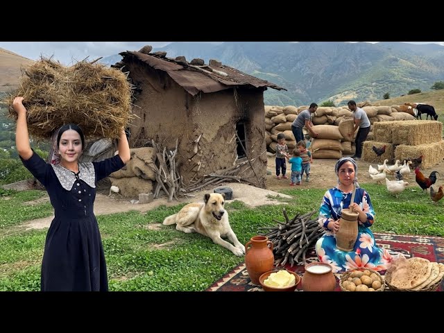 IRAN rural life; Baking bread and making butter 