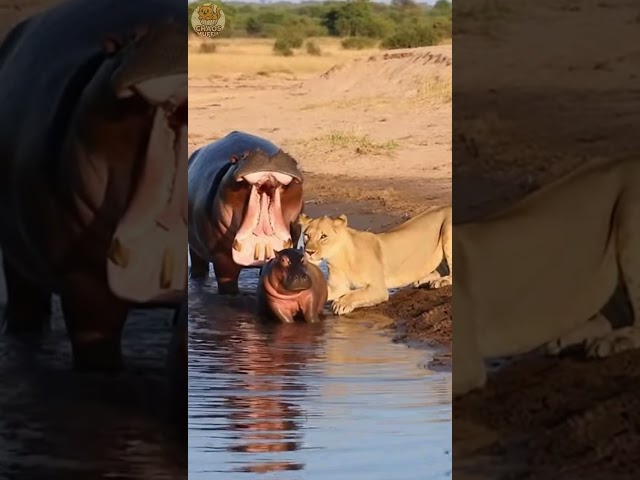 When mama hippo shows her teeth to the lioness