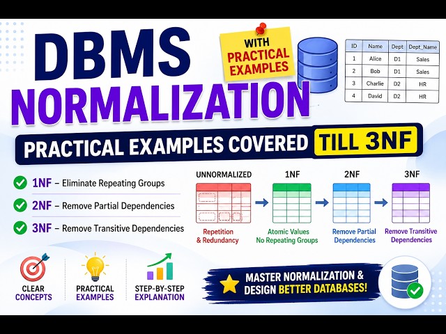 Master DBMS Normalization| 1NF, 2NF & 3NF Step-by-Step | Functional Dependencies|Practical Examples