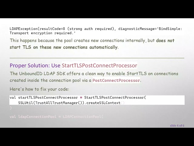How to Use StartTLS with UnboundID LDAPConnectionPool to Avoid 'Strong Auth Required' Errors