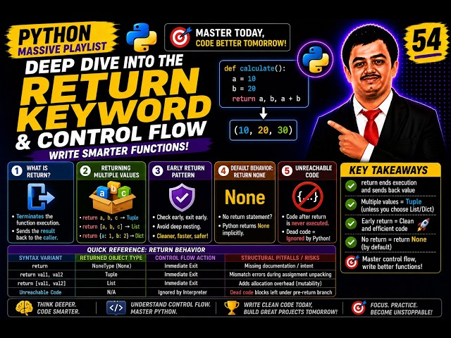 Python Video 54🐍 Python return Keyword Explained 🚀Multiple Return Values, Early Return & None
