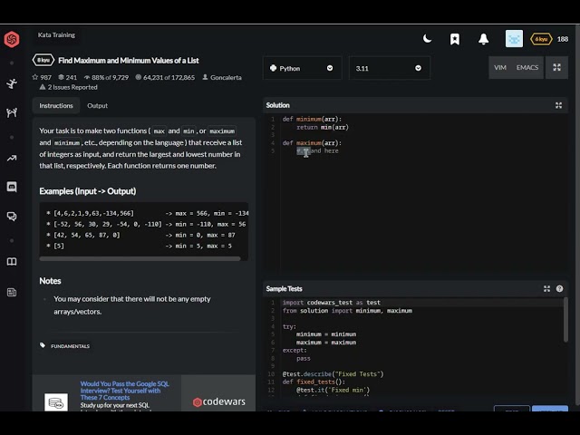 codewars python Find Maximum and Minimum Values of a List