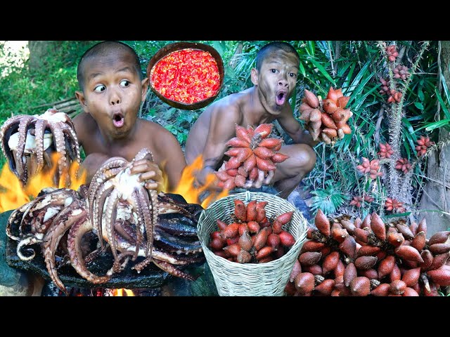 Primitive Technology - Meet Rich Fruit Cooking Hand Octopus For Diner ( Kmeng Prey )