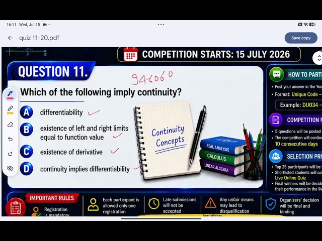 Question 11 | Continuity of Functions | YouTube Academic Challenge 2026 | B.Sc. Mathematics Quiz