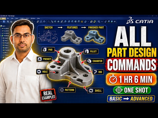 CATIA Part Design All Commands in 1 Hour 6 Minutes 🔥 Complete Course | ONE SHORT