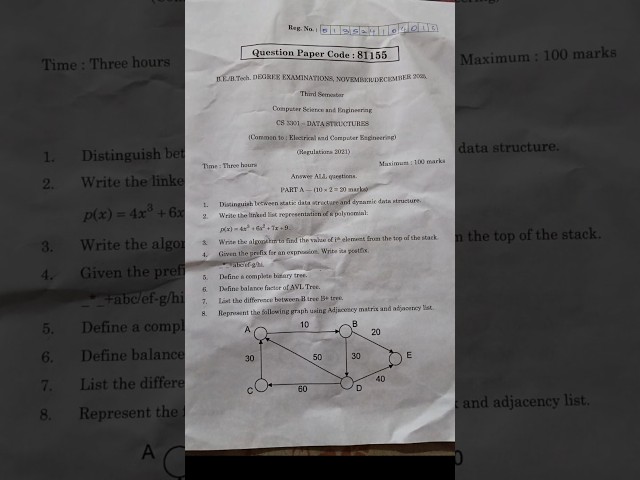 CS3301 Data Structure Question paper 2025
