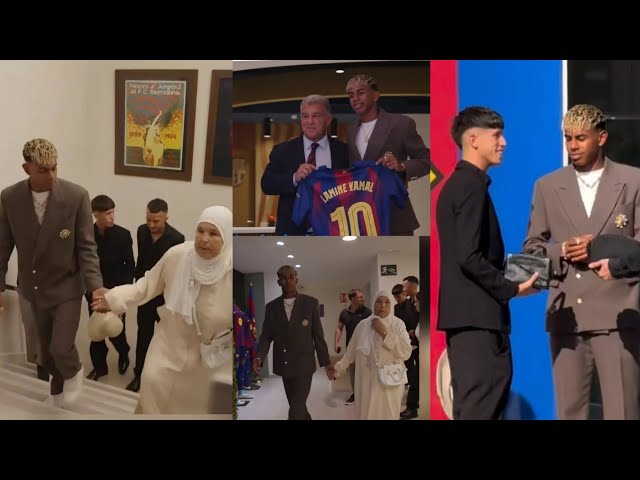 ¡Guau! 👏, Lamine Yamal llega a las oficinas del Barcelona con su abuela para presentar su camiseta