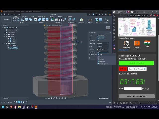 3D Printed Hex Bolt Tutorial in Fusion 360 - @TooTallToby  Practice model