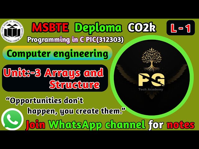 PIC Unit 3 | Arrays in C Programming | What is Array & Types of Array | Lecture 1#msbte #pgtech 