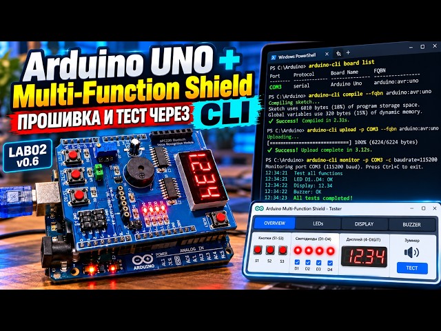 Arduino UNO + Multi-Function Shield полная проверка LED, кнопок, дисплея, потенциометра и зумм + GUI