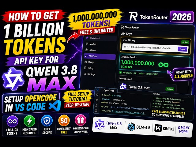 How to Get 1 Billion Tokens API Key for Qwen 3.8 Max With TokenRouter – Setup OpenCode in VS Code