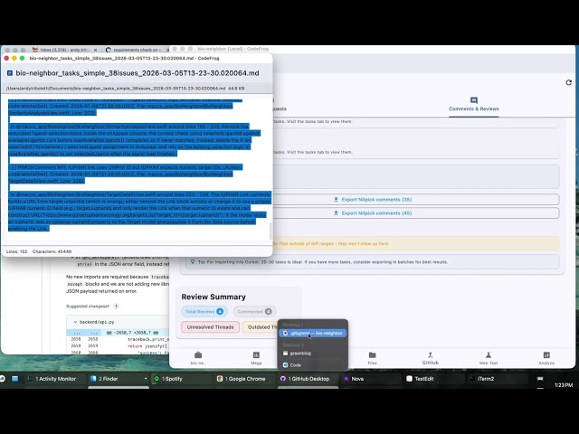 Fixing a bunch of PR comments at once with Codefrog. Fix a batch of issues with bio-neighbor pr