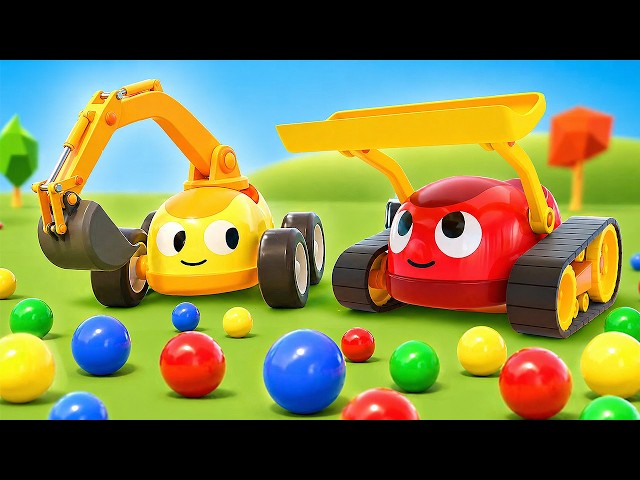 Race cars transform into construction vehicles to clear balls from the race track.
