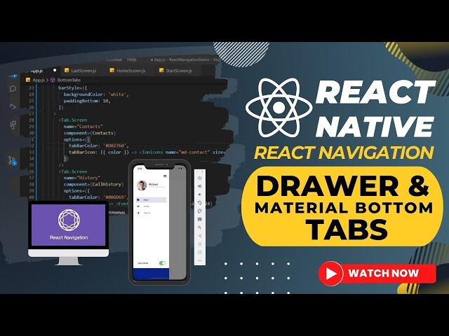 React Native - Drawer and Material Bottom Tab Navigators using React Navigation 5.x