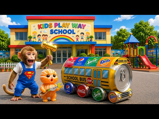 Monkey Builds a School Bus for Poor Kids from Scrap Material | Funny Monkey Cartoon