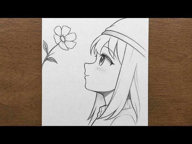 How to Draw a Cute Anime Girl with a Flower Step by Step | Easy Drawing Tutorial