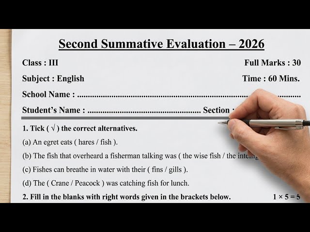 Class 3 English 2nd Unit Test Question Paper 2026 | Class 3 2nd Unit Test English Question and An...