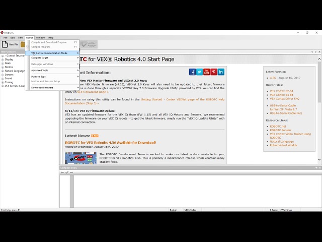 Vex Robotc 4.x : 01 : Connect to Cortex