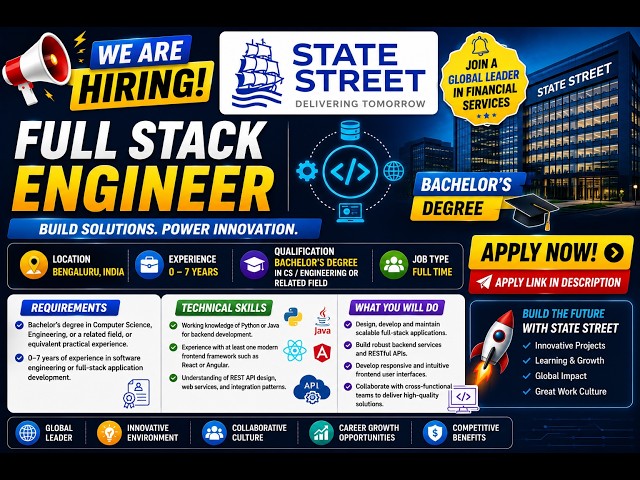 🔔 State Street Off-campus Drive 2026 hiring Freshers For Full Stack Engineer | Bachelor’s Degree