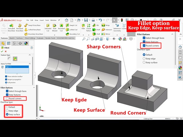 Fillet Options Keep edge, Keep Surface and Round Corners in SolidWorks (Constant Fillet)