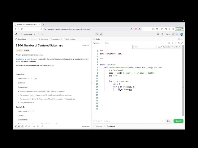 leetcode 3804  Number of Centered Subarrays | set