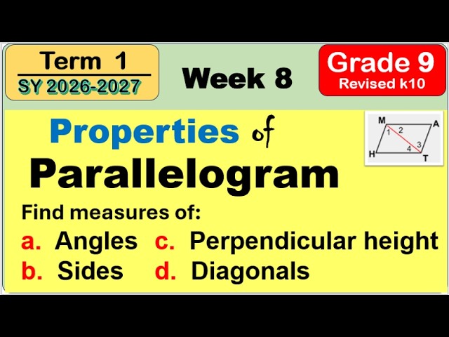Grade 9 Math | Properties of Parallelogram, Find Angles, Sides, Perpendicular Height & Diagonals