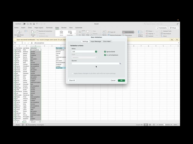 Ensemble Director Spreadsheet Course: Dropdown Menus (Excel)