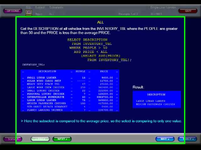 SQL 133 Subselects, ALL with Subselects