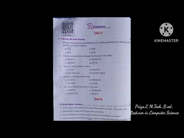 12th std Computer Science chapter 12 SQL(one mark)